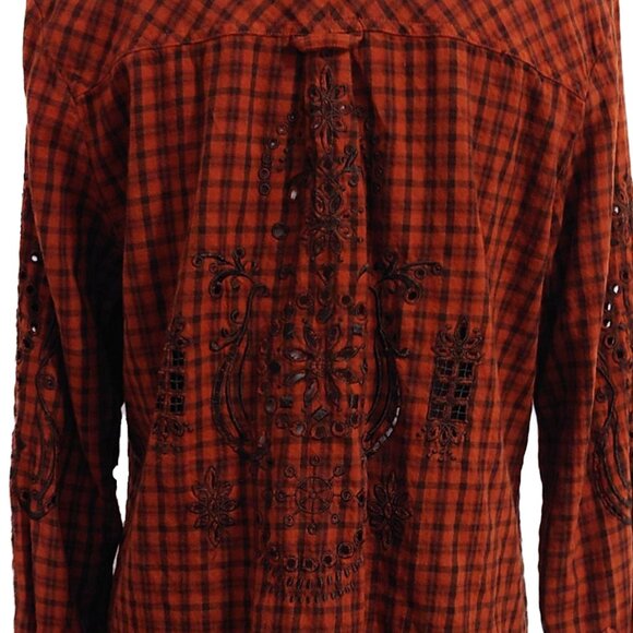 Johnny Was 3J Workshop Brown Checked Half-Button Shirt Eyelet/Peek a Boo Detail - Picture 6 of 9